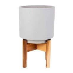Vigo Plant Pot With Wooden Stand - Concrete Grey