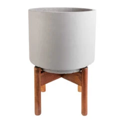 Vigo Plant Pot With Wooden Stand - Concrete Grey -Plant potted plants Vigo Plant Pot with Wooden Stand Concrete Grey 24x33cm 4